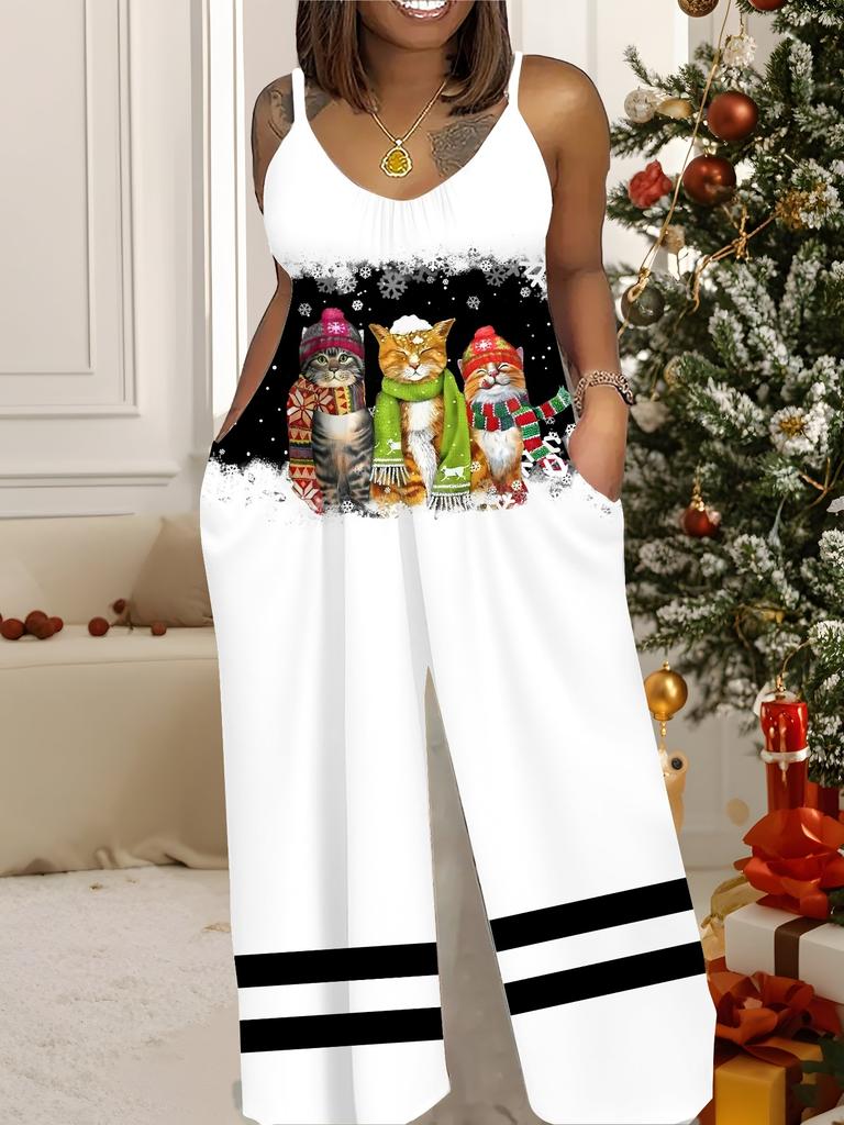Dámský módní overal, Oblečení plus size pro každodenní nošení, Grafický vánoční tiskový design, Párty, Vánoční oblečení