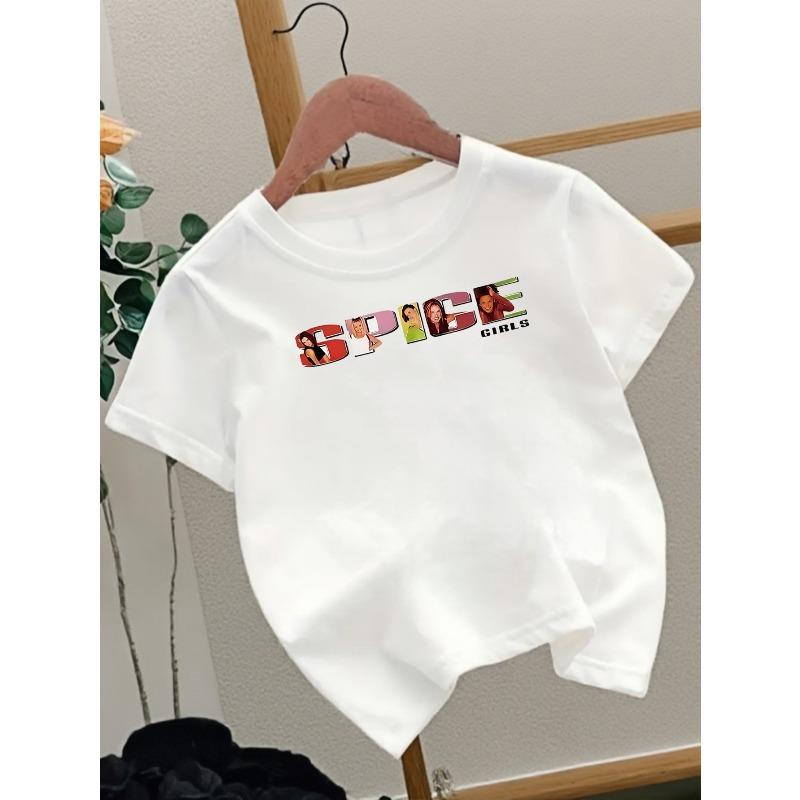 European sizes Girls  Round Neck Short Sleeve T-Shirt, Short Sleeve, Spice Girls Band Themed Short Sleeve, Cartoon Band Avatar and Letter Pattern 110 белый