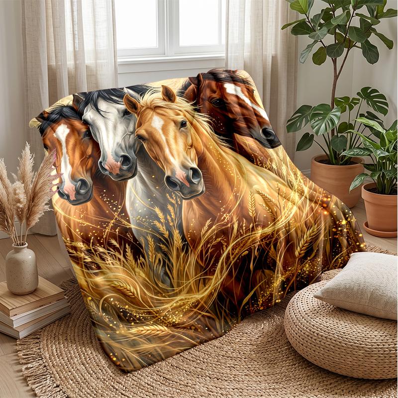 Golden Horse Journey Theme blanket Lightweight Warm Flannel Blanket Decorative Throw Blanket for Home Decoration