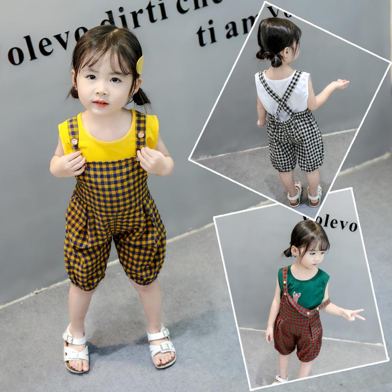 

Летний повседневный жилет без рукавов с мультяшным принтом для маленьких девочек, топы + клетчатые подтяжки, шорты, костюмы, комплект костюмов