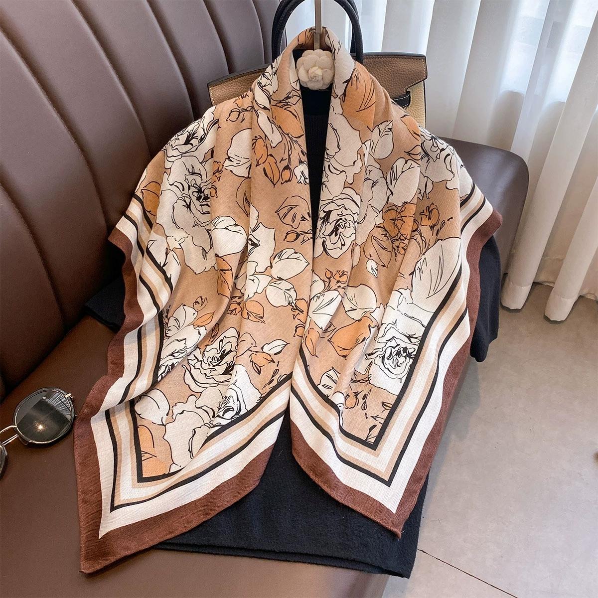 90X90Cm Autumn Vintage Rose Print Square Scarf For Women Unique And High-End Elegant Shawl And Scarf 90X90CM