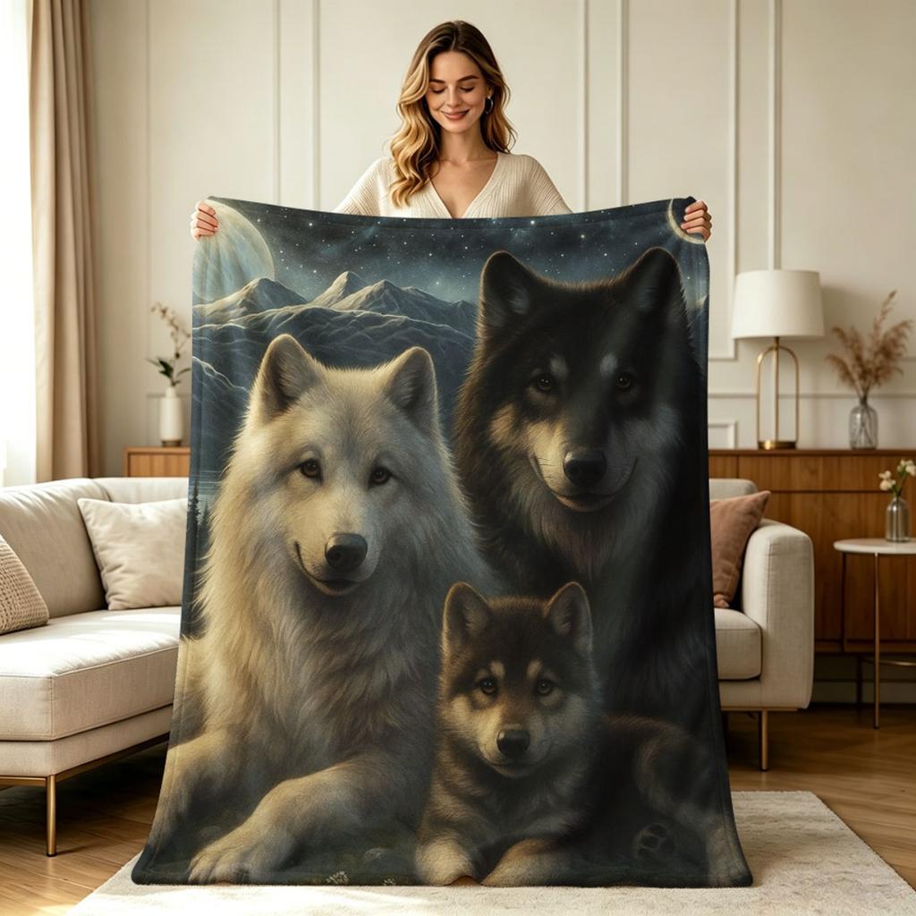 Ultra Soft Flannel Fleece Blanket with Wolf Family Wilderness Night Sky Print All Season Warm Cozy Lightweight Throw Blanket for Couch Bed Sofa Living