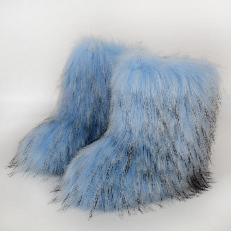 Flat heel high top warm winter furry boots deep mouth round head medium tube imitation fox fur snow boots women