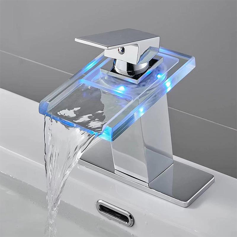 Grifo de Lavabo Cascada LED 3 Colores Salida de Cristal Mezcladores de Lavabo de Baño Grifos Cromo Montaje sobre Cubierta Grifo Frío Caliente