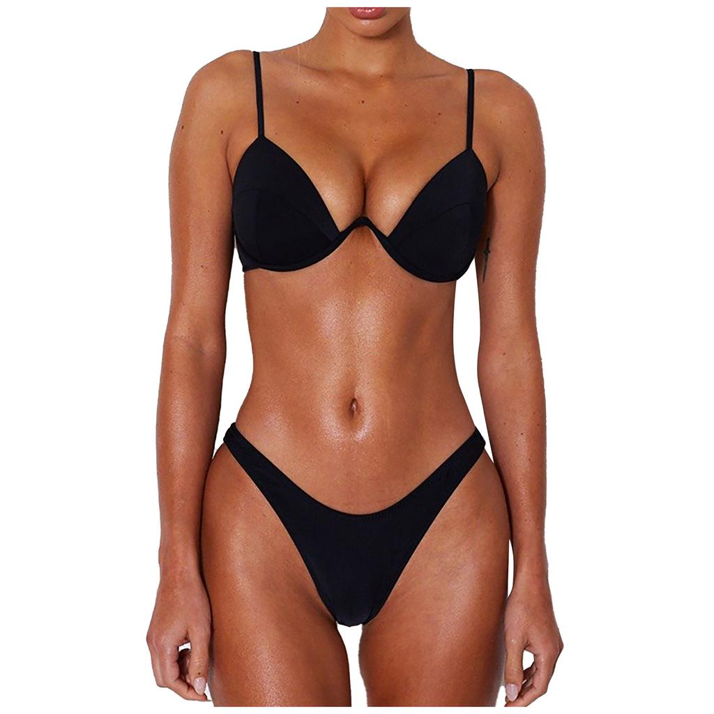 Women's Summer Fashion Sexy Solid Color V-neck Bikini Beach Swimwear