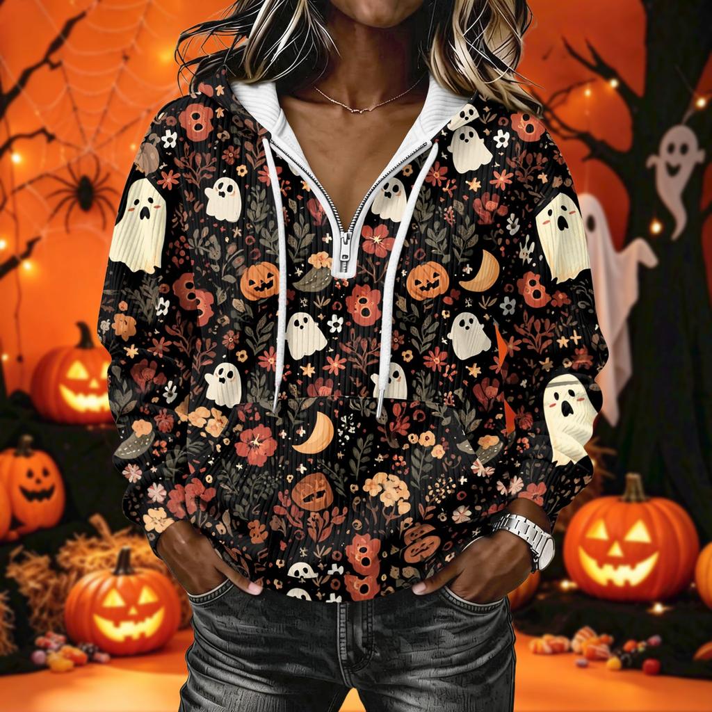 Women's Casual Long Sleeve Halloween Printed Hoodie Pullover with Top