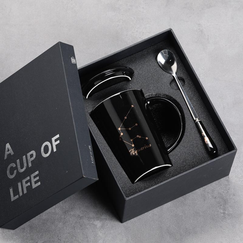 

12 Керамических кружек по знакам Зодиака, Стаканы для воды, Набор в подарочной коробке, Кофейная кружка с крышкой и ложкой 401-500ml