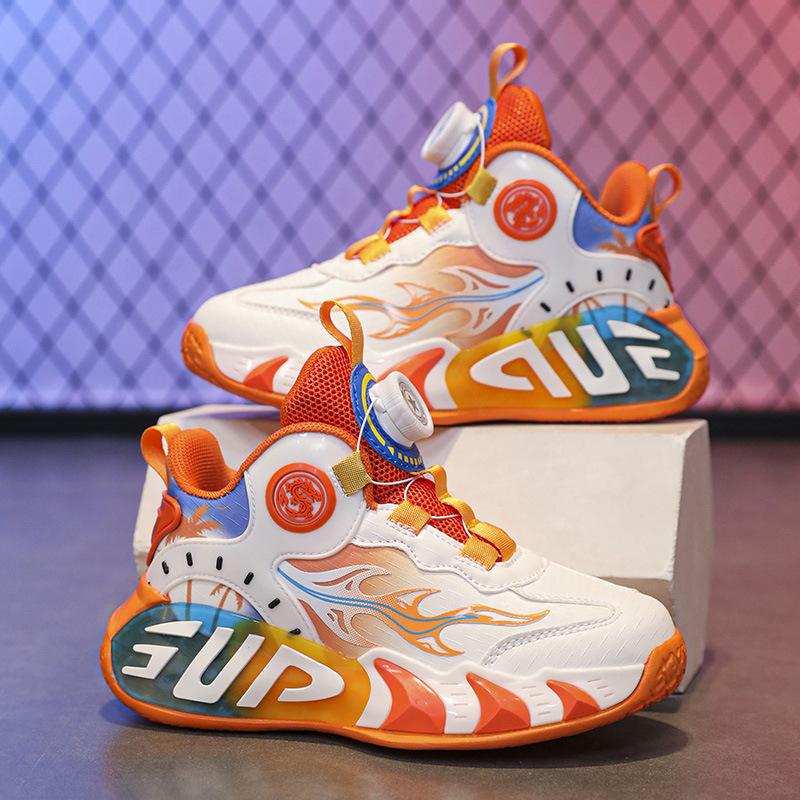 Children's Basketball Shoes Men's Rotary Buckle Sports Shoes Friction Sound All Seasons Through Mesh Breathable Lightweight Training Shoes Women