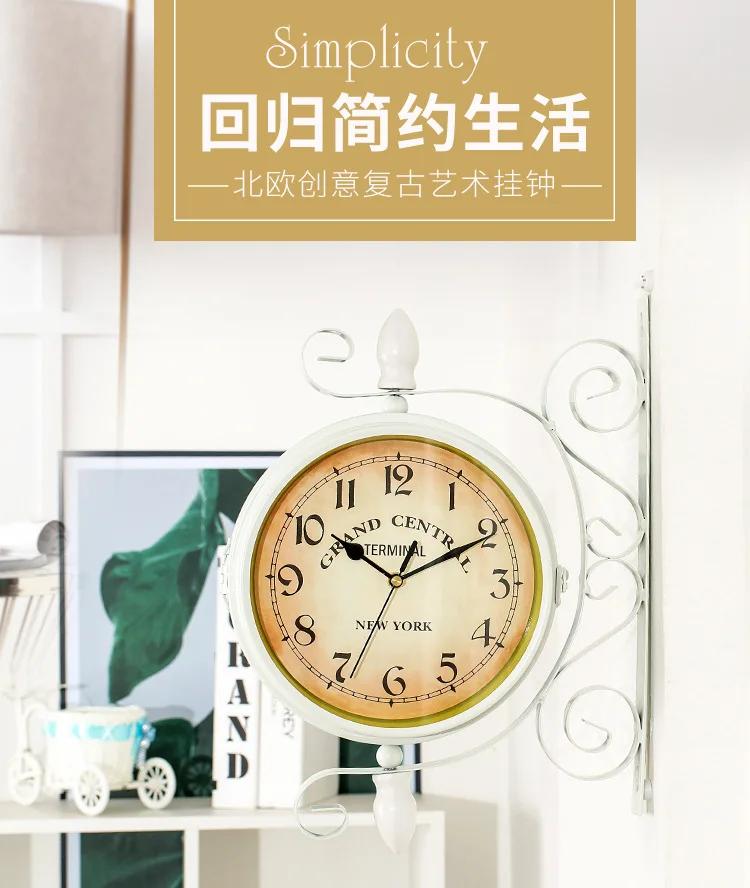 European Style Iron Double Sided Quiet Vintage Station Clock Garden Coffee Bar Decoration Chandelier Round Wall Hanging Clock