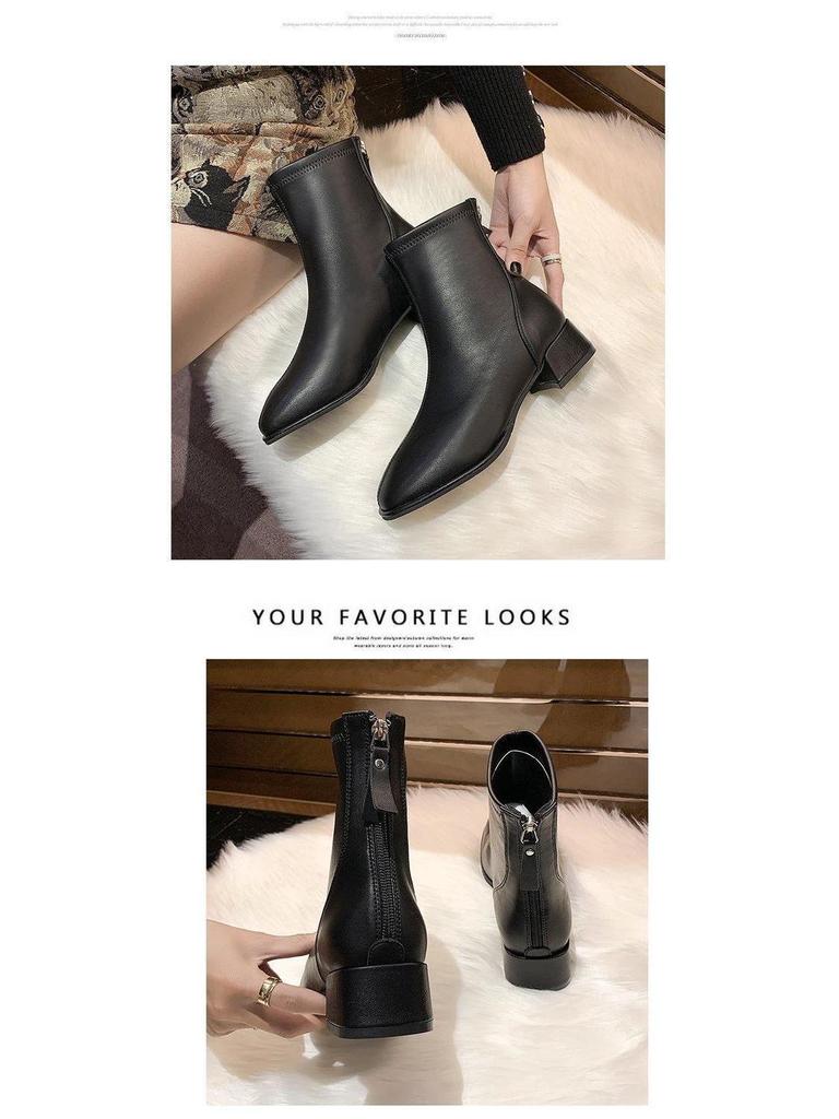 Beige Slimming Square Toe Chunky Ankle Boots with Back Zipper and Fleece Lining for Women – 2025 Autumn/Winter Collection