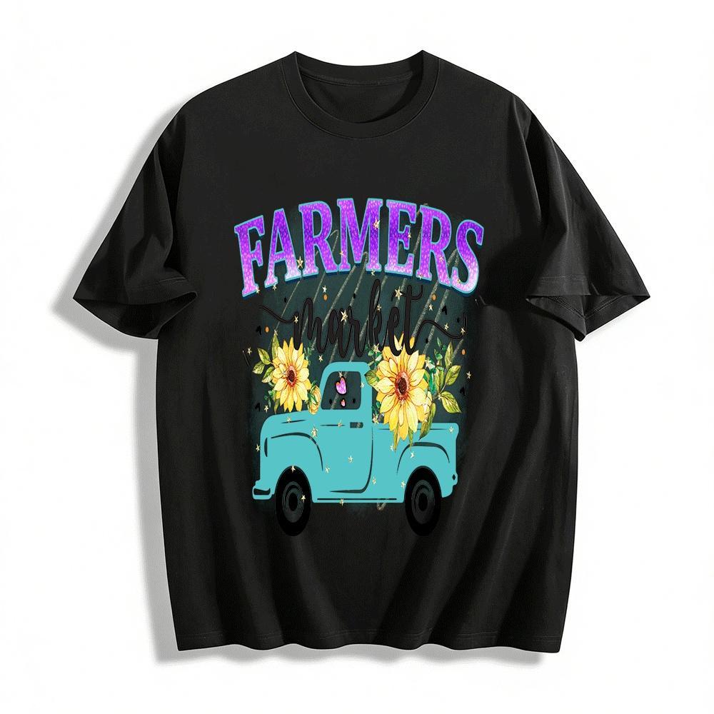 Vintage Farmers Market Sunflower Truck Graphic Casual Tee Pure cotton T-shirt XXS