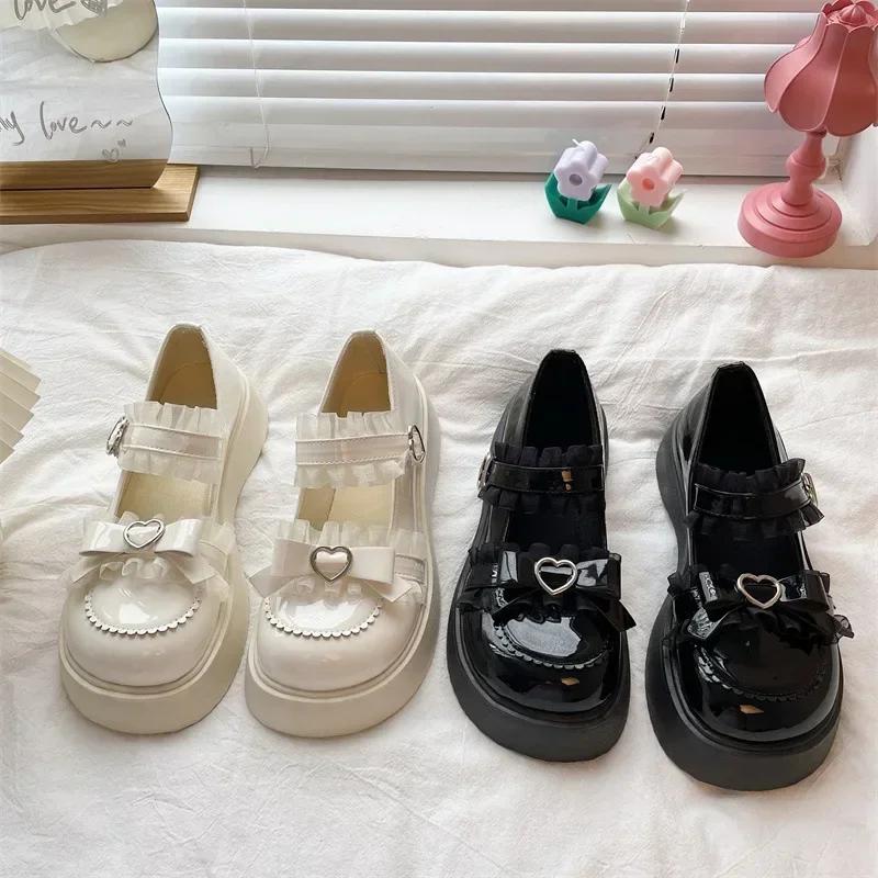 Fashion Women's Black Thick Soled Mary Jane Shoes 2024 Autumn New Japanese Sweet Patent Leather High Heels Bow Lolita Big Toe Shoes