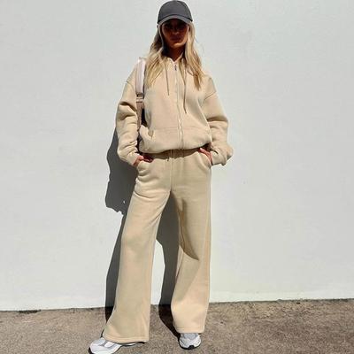 Women Casual Loose Sportswear Suit Zipper Hooded Coat Jogging Wide Leg Pants Autumn Winter Solid Warm Tracksuits Two Piece Set
