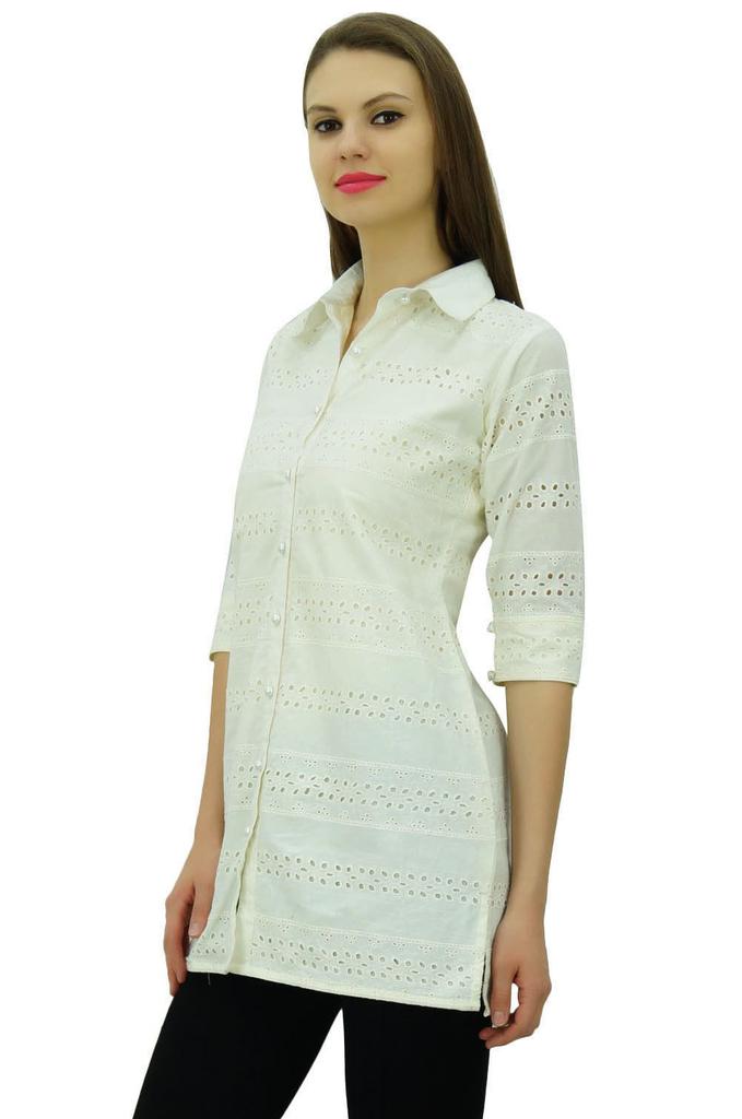 Bimba Women's Solid Cotton Tunic Shirt 3 4 Sleeve Short Kurti Collar Neck