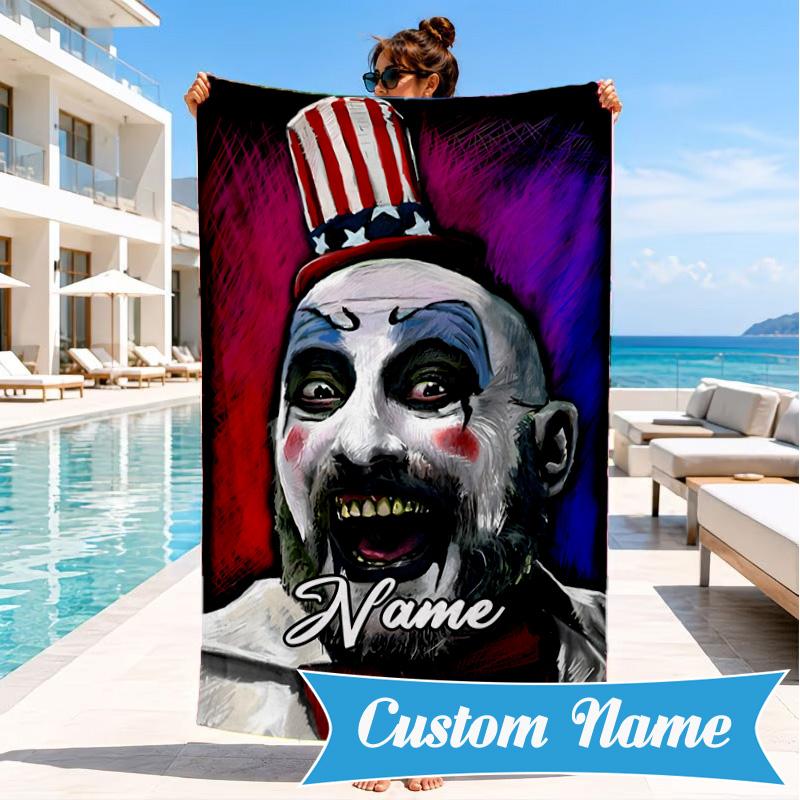Custom Name Horror Clown Artwork Heart In Space Adventure Microfiber Beach Towel, Lightweight for Summer Travel, Swimming Pool Fan Gift