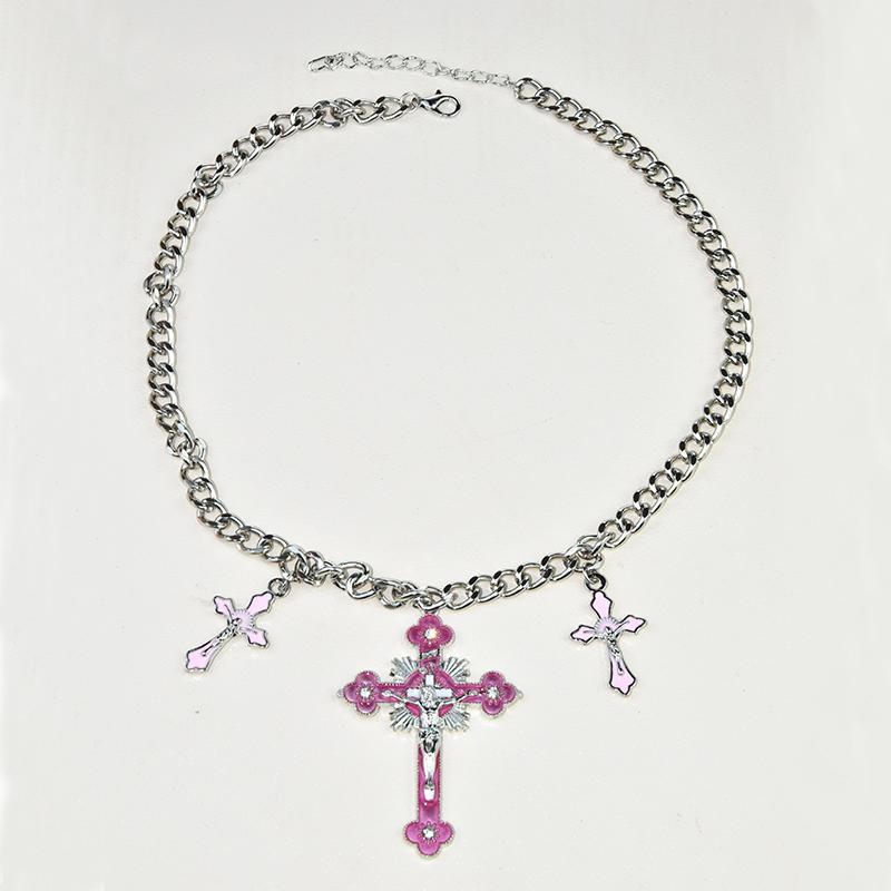 Fashion Gothic Pink Cross Necklace For Women Charm Red White Rhinestone Metal Choker Chain Trendy Unique Jewelry Gifts