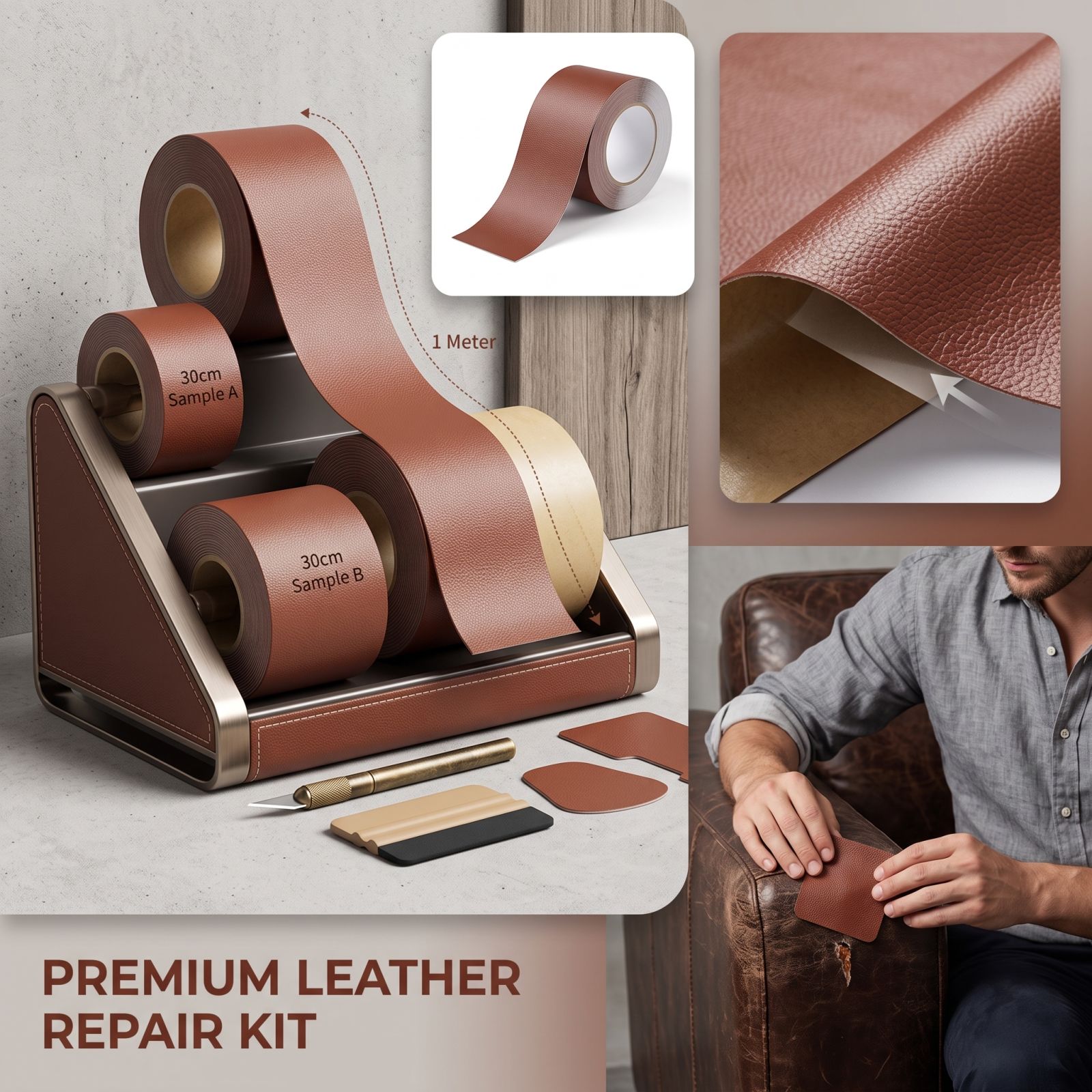 Selbstklebendes Lederband-Set - Starkes Klebepflaster für Sofa, Auto, Stuhl, Möbel, Jacke - 30 cm Breit 1 m Lang One Size kaffeebraun