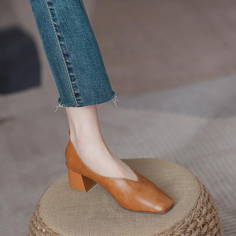 Women’s 2024 Spring/Autumn Square Toe Chunky Mid Heel Professional Interview Shoes