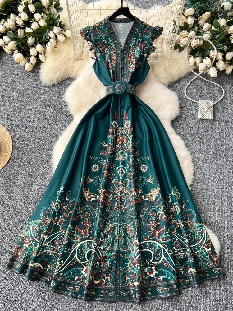 French Fashion Bohemian Vintage Dress Women Aesthetic Print Single