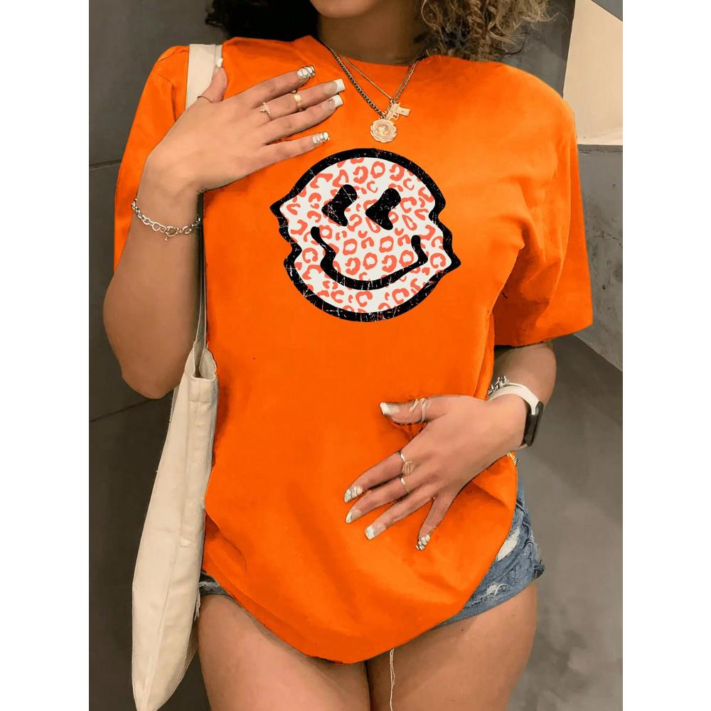 Women's Leopard Print Smiling Face Graphic Round Neck Short Sleeve T-Shirt