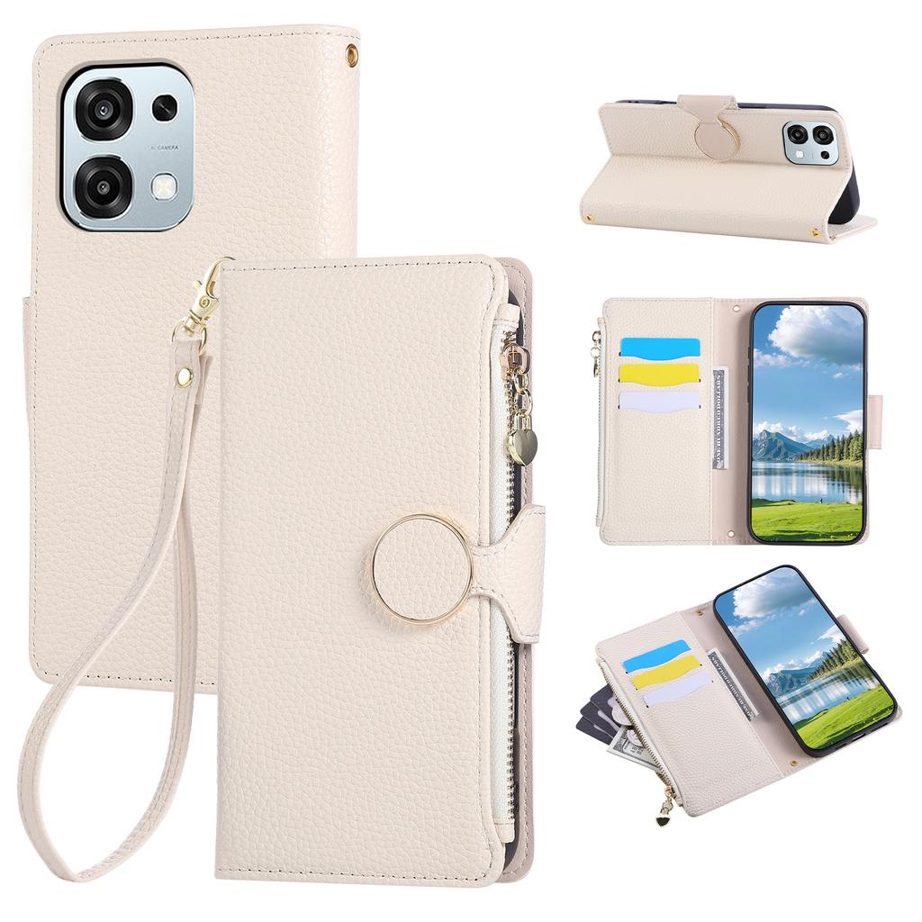 Etui portfelowe z zamkiem błyskawicznym ze skóry do Oppo A6 Pro 5G z paskiem na nadgarstek