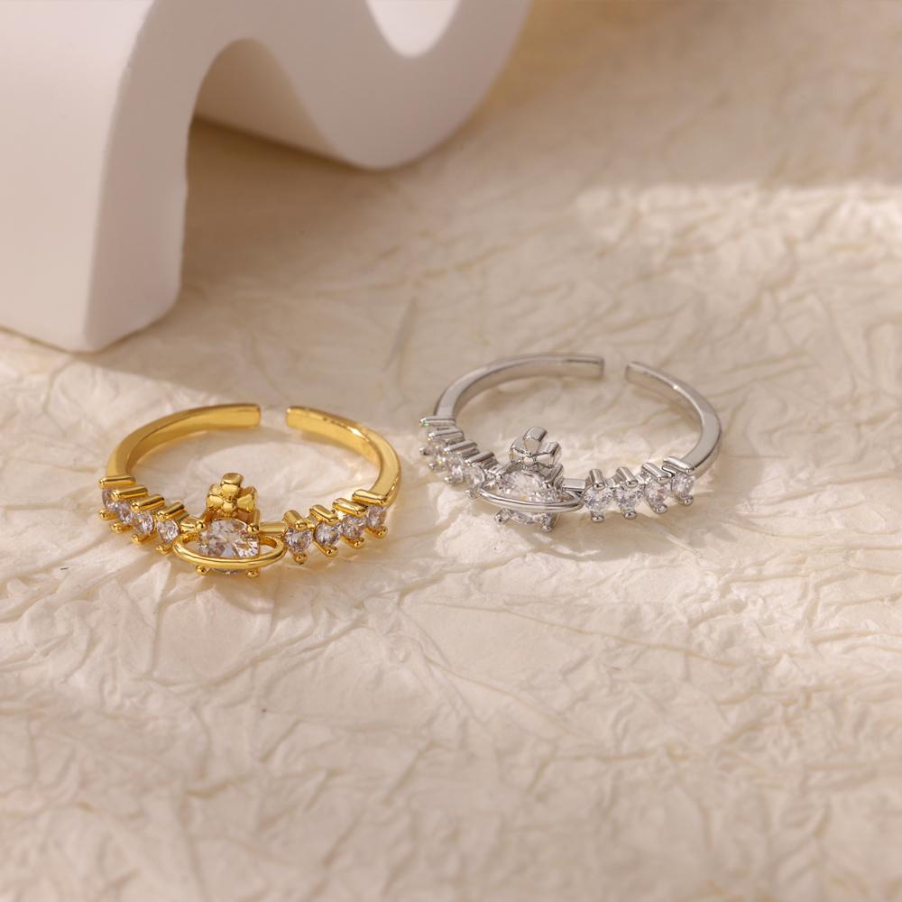 Dainty Bear Celestial Planet Stainless Steel Rings for Women Zirconia Gold Color Ring Wedding Vacation Zircon Accessories Gift