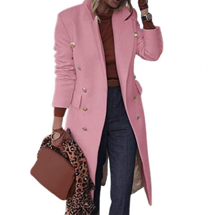 Winter Women's Wool Coat Double Breasted Knee Length Jacket Solid Color Lapel Design Fall Outerwear Plus Size Options