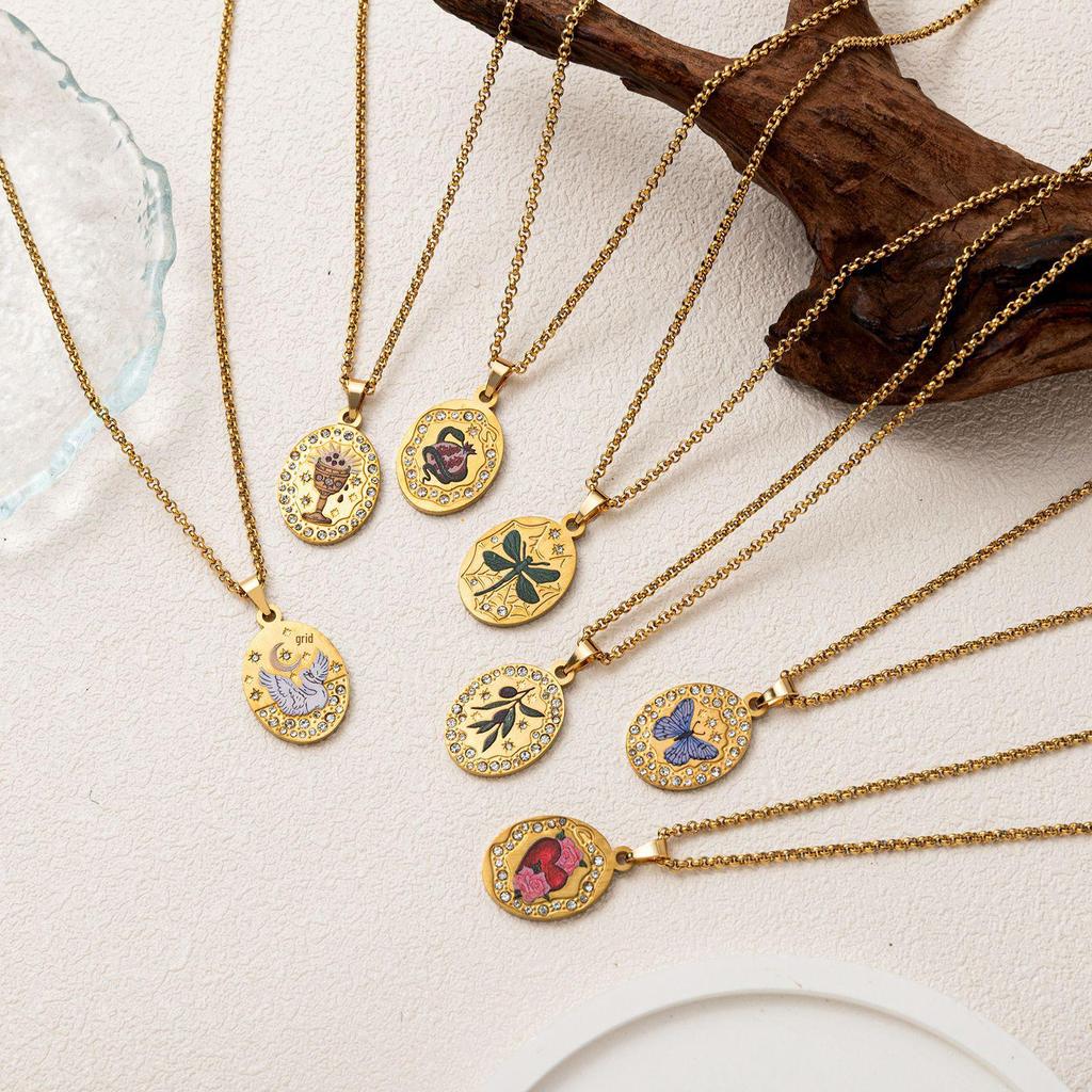 Titanium Steel Necklace: Butterfly, Snake, Dragonfly, Malachite, Rhinestone, Oval Design - Fashionable and Light Luxury Clavicle Chain