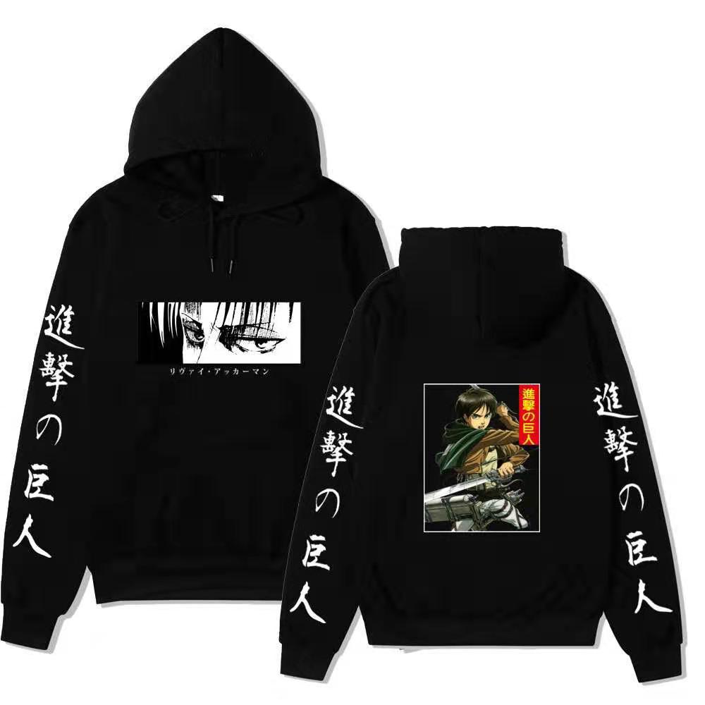 Unisex Attack on Titan Hoodie, Levi Ackerman & Eren Yeager Front Back Print Pullover, Long Sleeve Anime Graphic Hooded Sweatshirt Streetwear