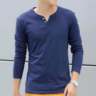 T-shirt décontracté à manches longues, coupe ajustée, col en V à deux boutons, style coréen pour homme