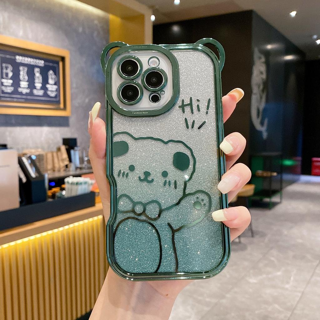 For iPhone 16 Pro Case Cute Bear Electroplating TPU Phone Cover with Gradient Glitter Paper