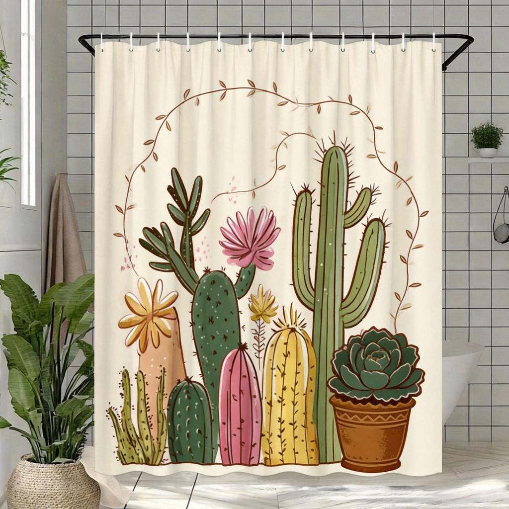 Cactus Garden Shower Curtain Colorful Succulents On Pink Background Polyester Bath Curtain With Hooks For Boho Decor