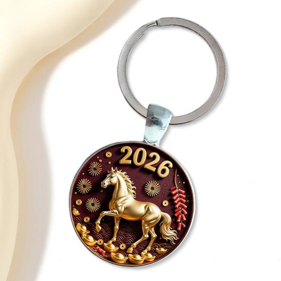 Keychain with Glass Horse Statue 2026 Year of Horse Good Luck Charm Solid Keyring Keys Backpacks Car Ornament