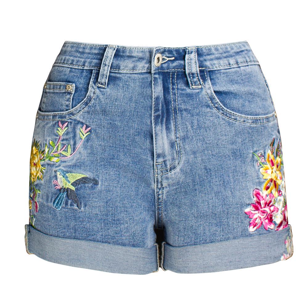 Women s Plus Size 3D Embroidered Floral Denim Wide-Leg Elastic Shorts XL (EU 40) светло-синий