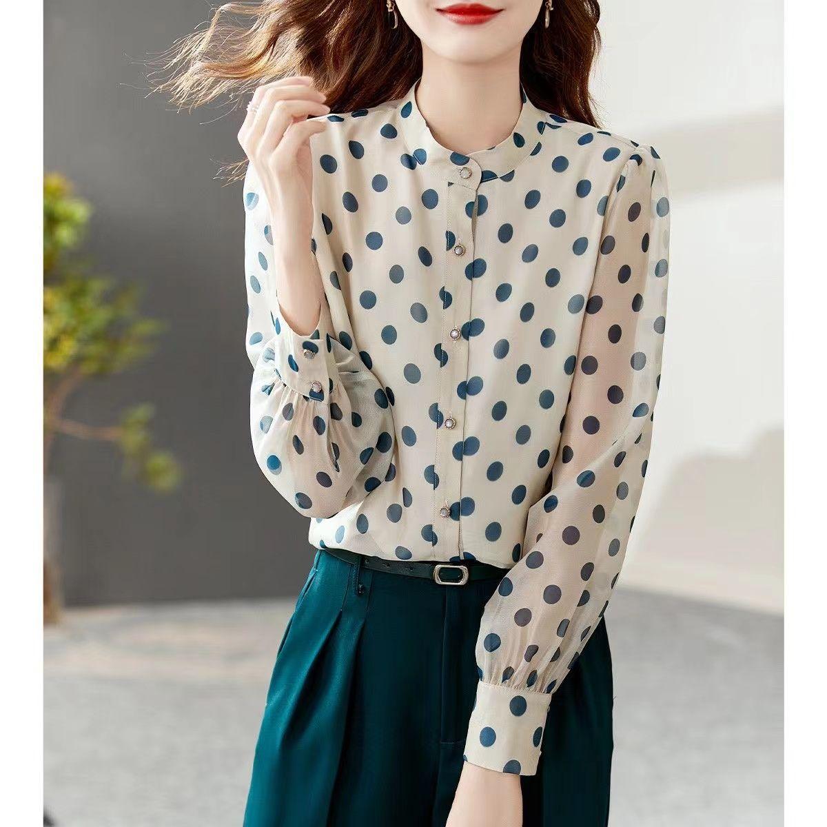 

Элегантные офисные женские пуговицы большого размера в горошек в корейском стиле, весенне-летние женские блузки, рубашки, топы 2XL
