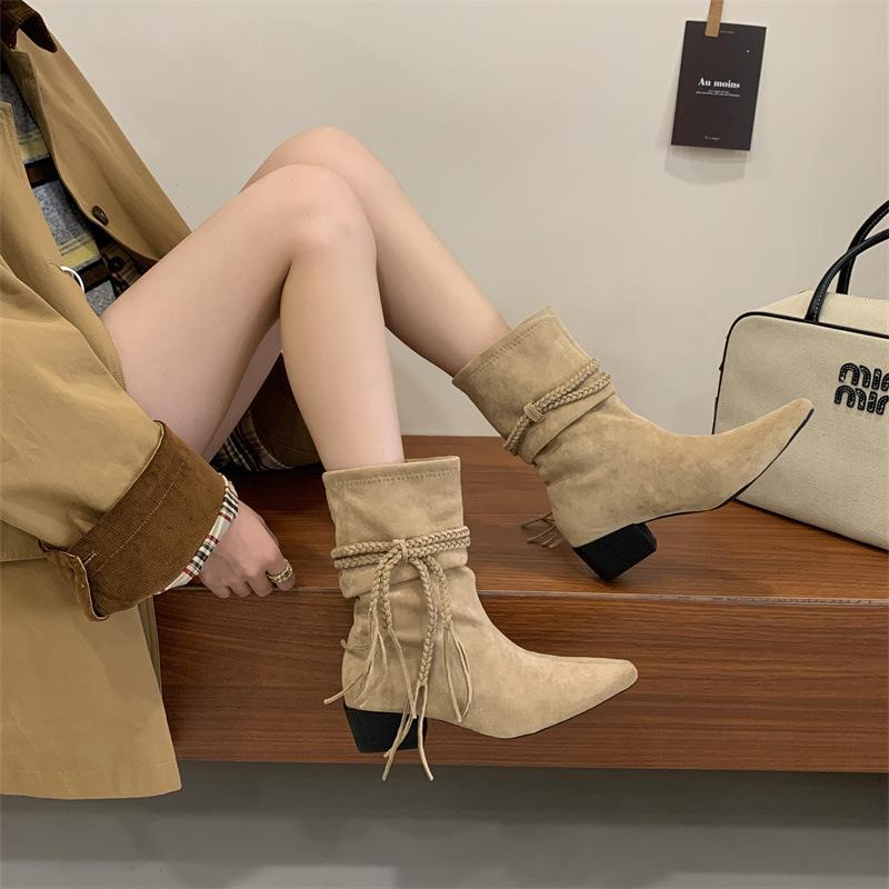 Heel braided strap stacking boots autumn and winter matte suede western boots retro pointed mid tube knight boots