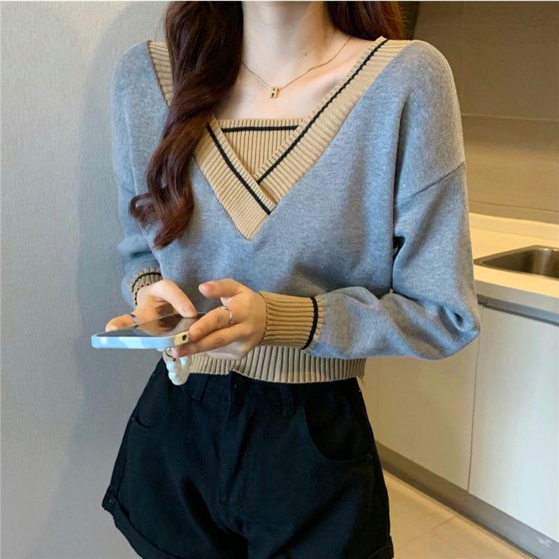 Elegant Knitted V Neck Pullover Sweater Women's Autumn and Winter Fashion Loose Outer Bottoming Shirt 2025 New Casual Simple Short Tops Clothing