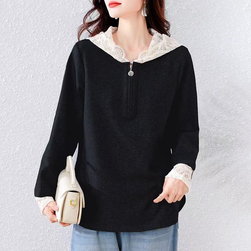 

Plus Size Lace Patchwork Slimming Hooded Sweatshirt - Tummy Concealing and Age Reducing XL чорний