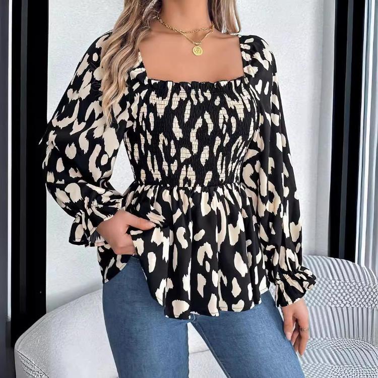 Women Long Sleeve Leopard Print Chiffon Blouse Streetwear Top Square Neck Tee Ladies T Shirt