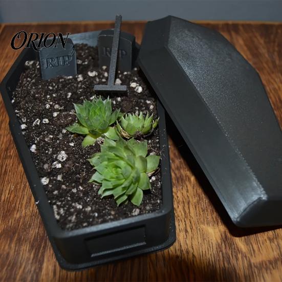 Halloween Party Supplies Gothic Casket Flower Pot, Include Tombstone And Rake Accessories, 3D Printed Plant Containers Unique Container for Home Decor