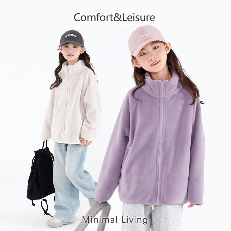 Kids Solid Color Fleece Jacket Boys Girls Stand Collar Zip Up Warm Coat Winter Outdoor