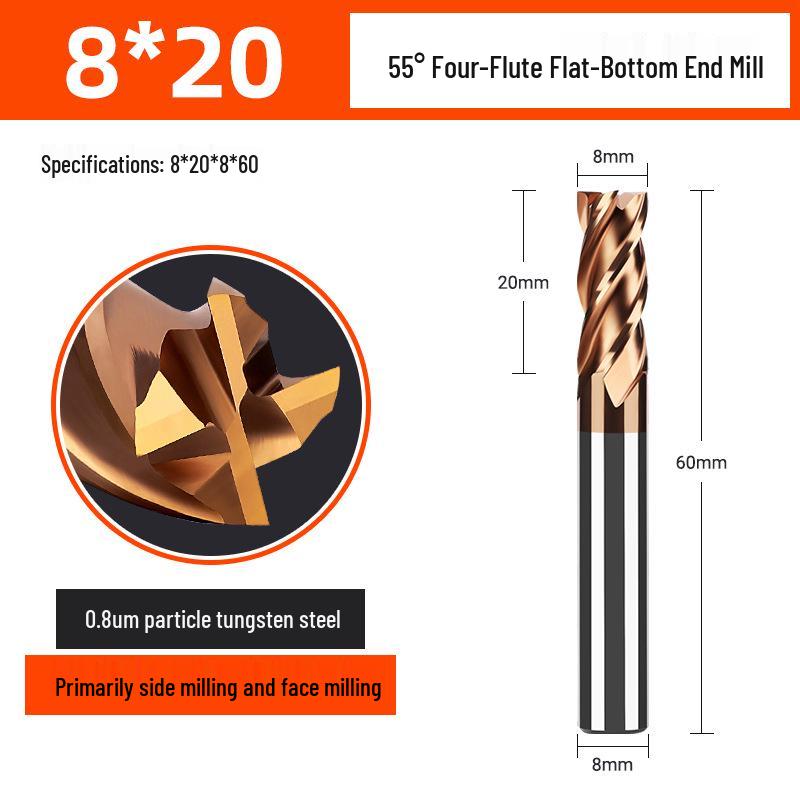55° CNC Tungsten Steel 4-Flute End Mill, Alloy Coated, Superhard Flat Milling Cutter for Stainless Steel