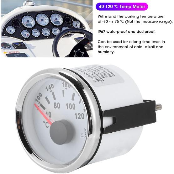 Water Temperature Gauge,52mm/2in Marine Engine Water Temperature Gauge 40 120 ℃ Temp Meter for Boat RV(White Dial Silve)