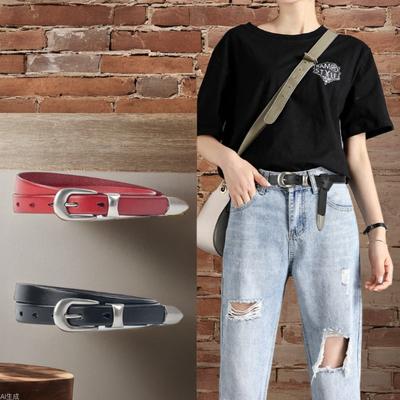 New Women'S Retro European And American Casual Top Layer Cowhide Thin Waistband Belt, Alloy Needle Buckle Personalized Matching Denim Belt