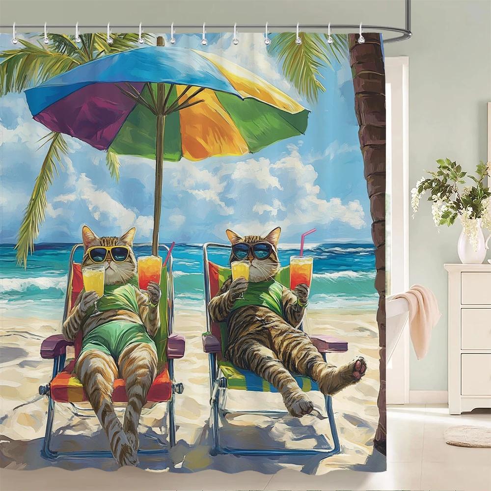 Funny Cat And Dog Shower Curtain Animal Beach Printed Bathroom Bath Curtain Home Decor With Hooks