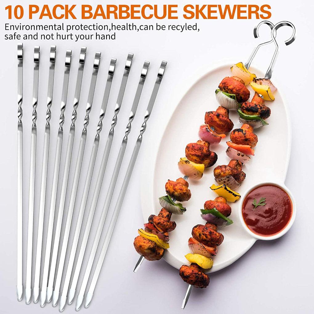 10pcs BBQ Skewers Stainless Barbecue Sticks Flat Cooking Skewers