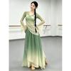 Women & Girls Gradient Green Chinese Classical Dance Costume, Sheer Chiffon Top Flowy Skirt For Practice & Performance