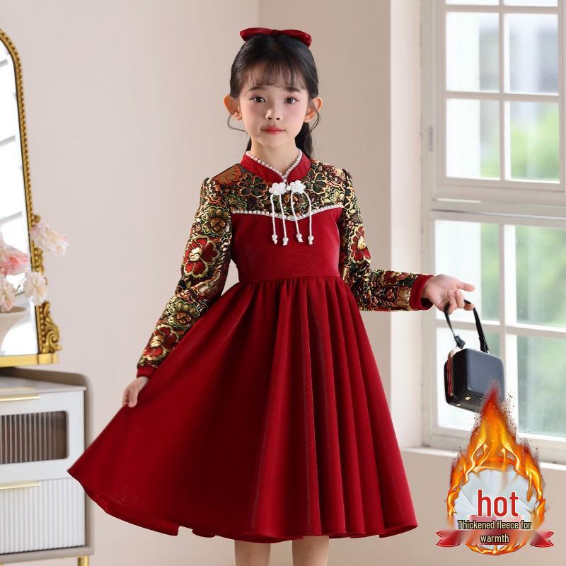 Girls  Velvet Qipao Dress - New Year Chinese Style, Autumn/Winter Collection 110 cm
