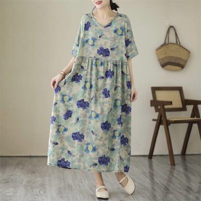 Woman Spring Fashion V-Neck Short Sleeves A-Line Dress Print Short Sleeves Loose Vintage Dress