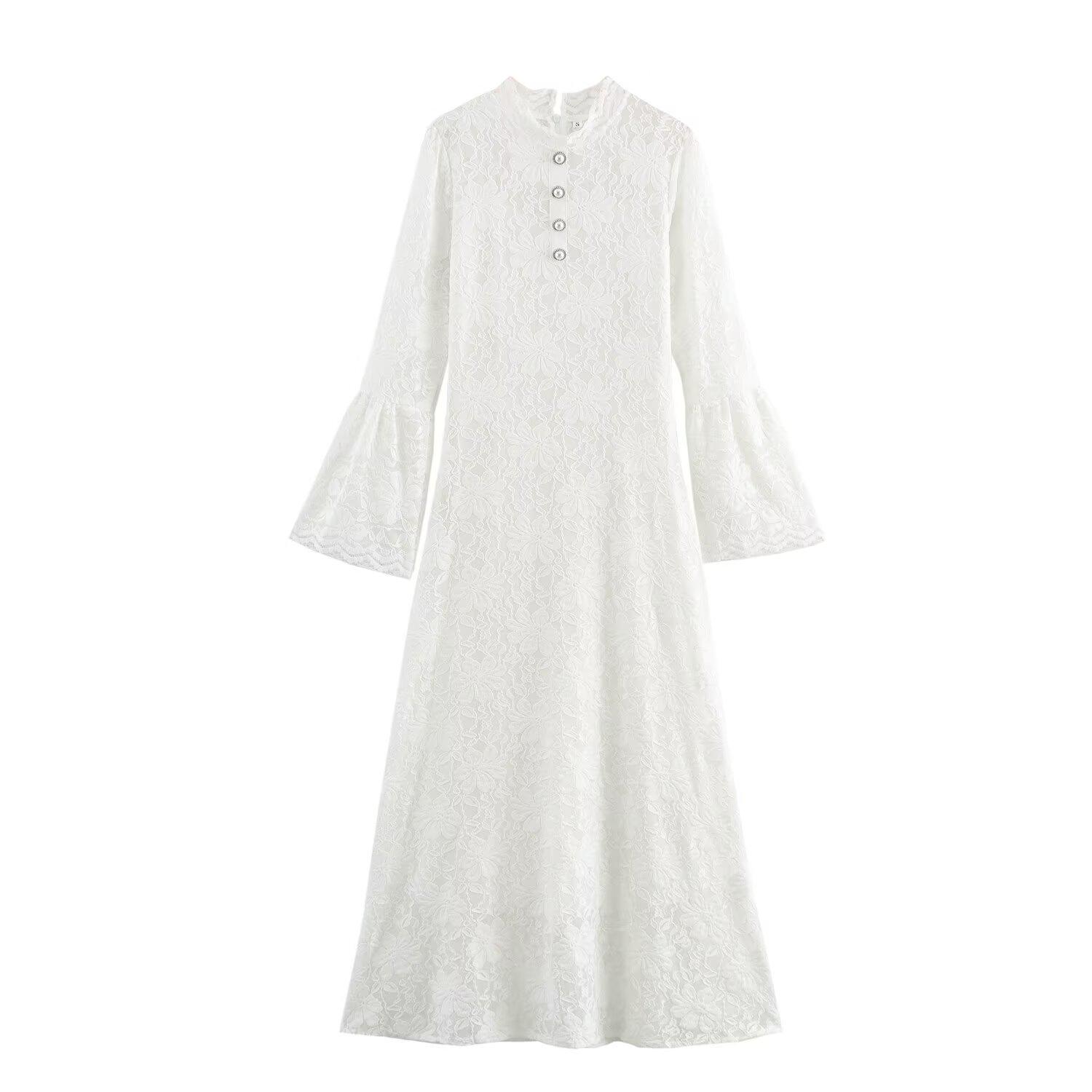 

2024 Зимнее Женское Европейская и Американская Мода Французский Стиль Рукав-Колокол Длинное Платье XS белый